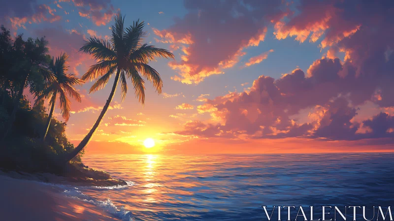 Palm silhouettes drinking molten sunset over quiet tides.