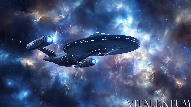 Sleek starship glides through luminous nebula clouds in deep space