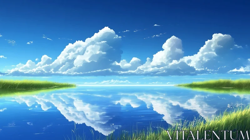 Serene blue lake mirrors towering clouds in endless calm