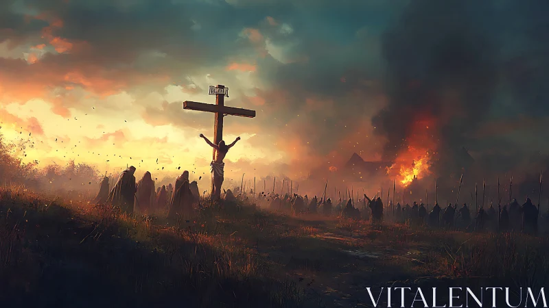 Crucifixion scene overlooks burning village under storm sky
