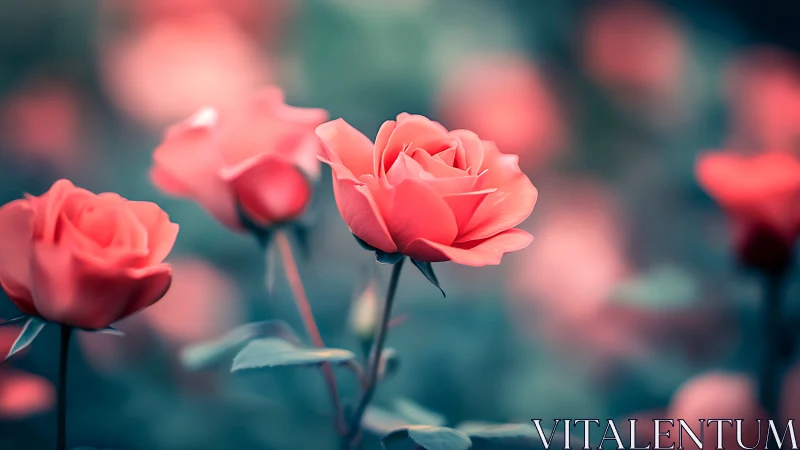 Coral Roses in Soft Focus Garden Setting.