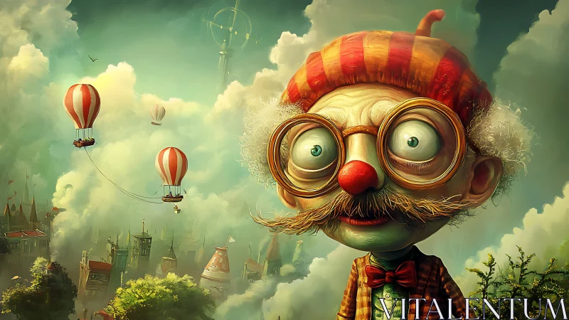 Whimsical old man gazes over floating city of balloons.