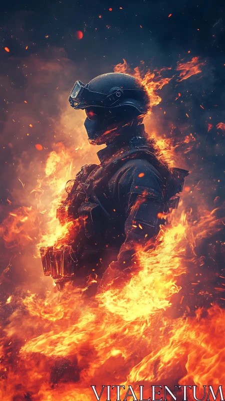 Armored tactical soldier engulfed in vivid flames.