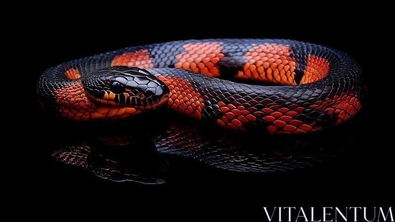 Coiled tricolor snake rendered in high-contrast studio macro lighting