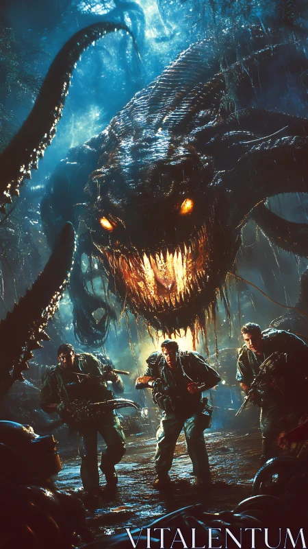 Cinematic 3D jungle horror with soldiers vs colossal beast.