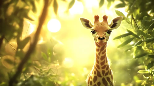 Sunlit baby giraffe greeting the jungle morning glow.