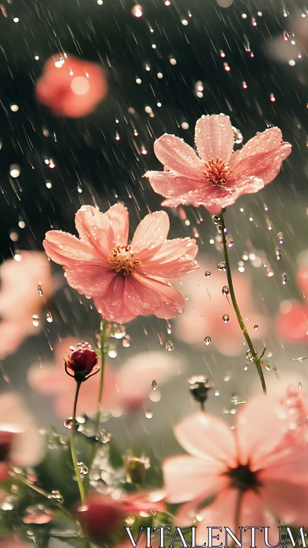Pink Cosmos in Rain: Nature's Tender Moment.