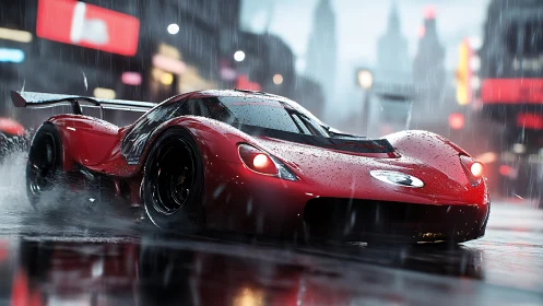 Red racing car slides through wet neon city street at night