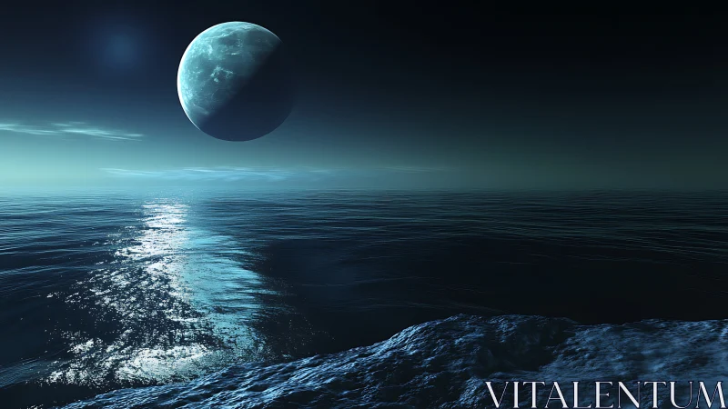 Distant planetary body above calm ocean under night sky.
