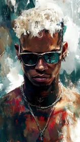 Chromatic portrait study of reflective sunglasses and bleached hair.