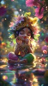 Gentle child deity in jeweled bloom-lit forest stillness.