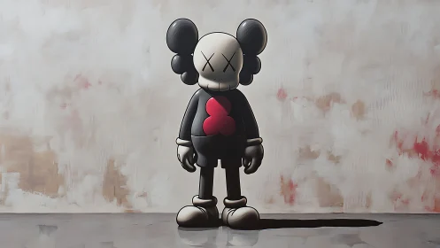 Toy figure casts long shadow against muted abstract wall.