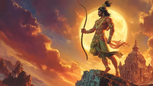 Mythic warrior archer before radiant sun and temple skyline