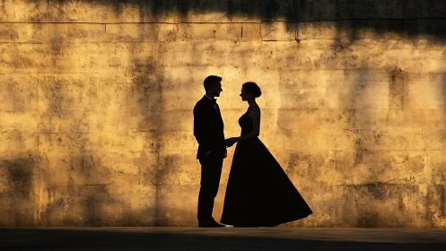 Silhouetted couple in evening attire framed by golden textured wall