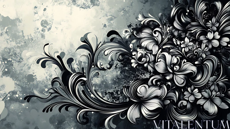Monochrome vector florals in turbulent grayscale fluid field.