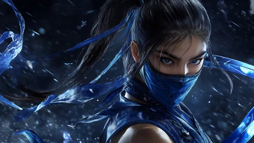 Fierce masked warrior wrapped in flowing blue energy.
