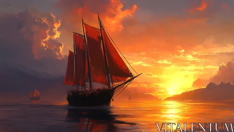 Crimson sails drift toward a wildfire-painted horizon at dusk.