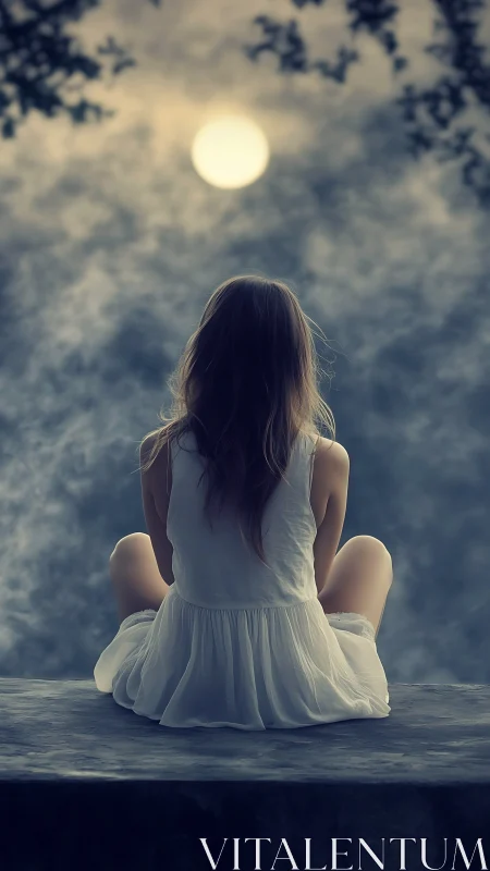 Photorealistic moonlit portrait with backlit seated figure.