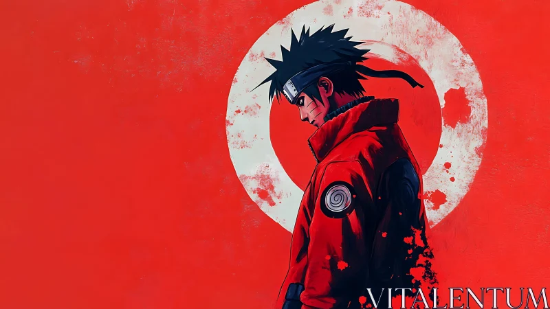 Brooding ninja in red coat stands before a bold white circle