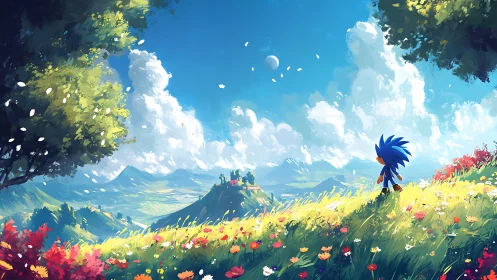 Blue hedgehog silhouette surveys painterly valley under volumetric sky