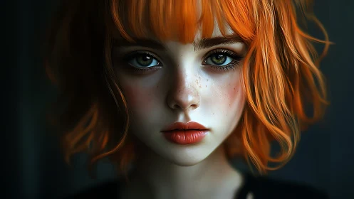 Close portrait of orange haired girl with intense gaze.