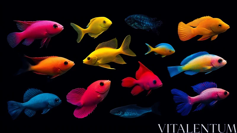 Colorful tropical fish lineup on black background digital art.