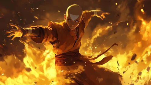 Dynamic fire-wielding monk rendered with high-energy lighting contrast