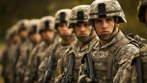 Steel-eyed soldiers stand in sharp autumn-field formation.