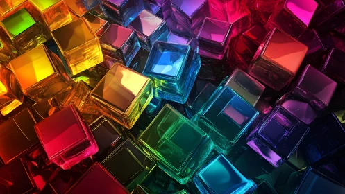 Colorful glass cubes tumbling through glowing neon light.