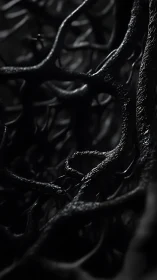 Dark tangled branches in abstract close-up study.