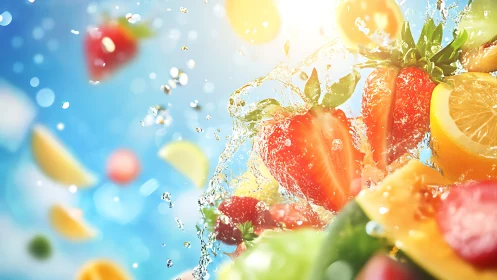 Summer splash symphony with flying citrus and ruby berries.