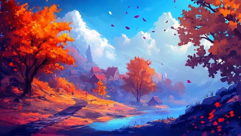 Autumn river landscape with village houses and distant clouds.