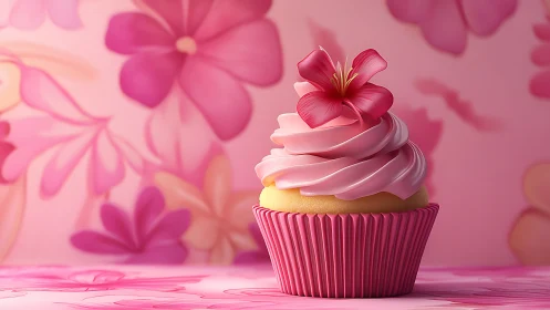 Pink Frosted Cupcake With Floral Topper.