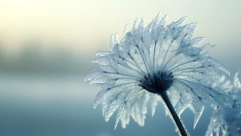 Frost crowned seed head in pale winter sunrise glow.