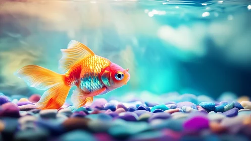 Vivid goldfish close-up above multicolored aquarium substrate