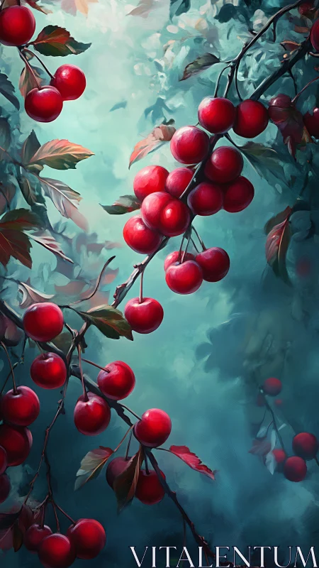 Vibrant red cherries rendered against a cool misty teal bokeh