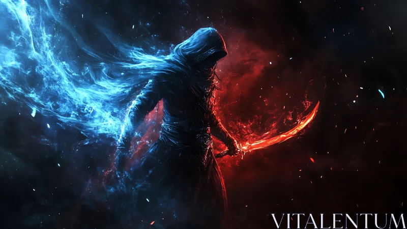 Hooded elemental warrior with blazing red energy blade.