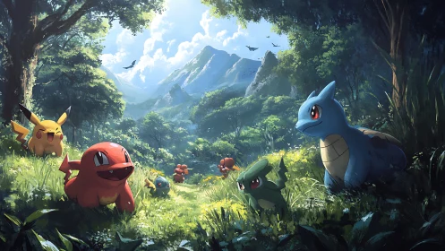 Pokémon ensemble in valley environment with mountains.