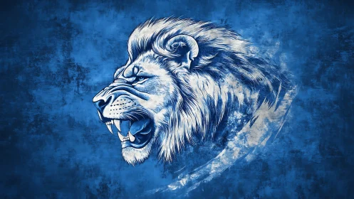 Roaring lion profile in bold monochrome blue brushwork.