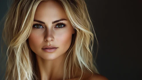 Blonde woman stares directly into camera in soft studio lighting.