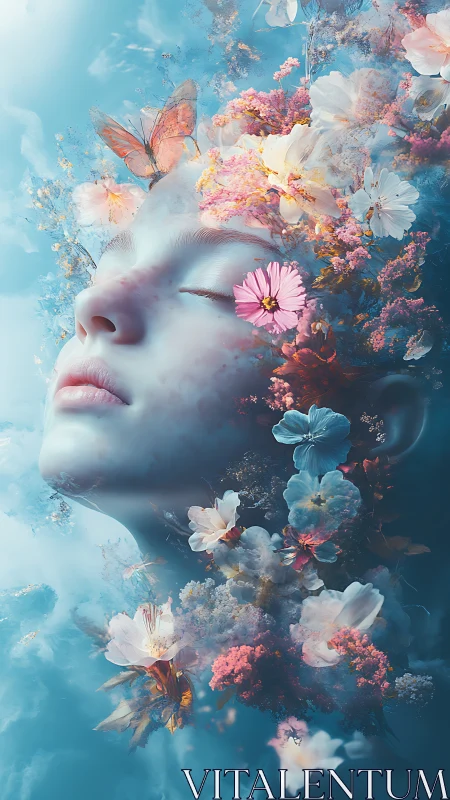 Dreaming feminine visage blooms through ethereal florals