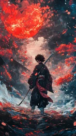 Solitary samurai confronts incandescent celestial sphere