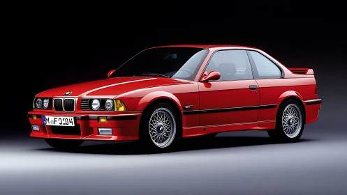 Red BMW E36 coupe studio portrait with classic alloy wheels.