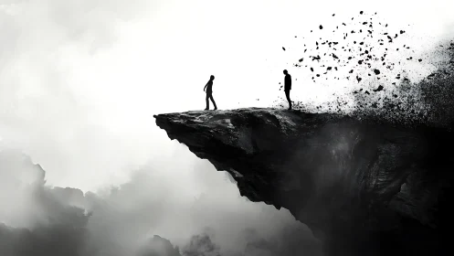 Silhouetted figures stand on a disintegrating cliff edge