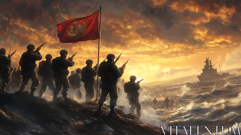 Armed soldiers advance from shoreline toward naval vessels at dawn