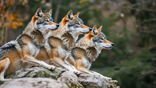 Three watchful wolves sharing a quiet forest lookout.