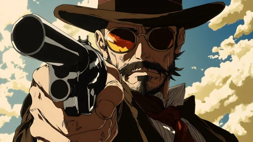 Steely eyed cowboy gunslinger framed by sunlit desert skies.