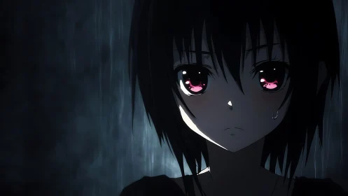 Anime portrait shows wet-haired girl in low-key lighting