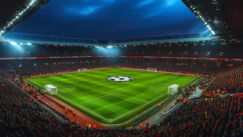 Photorealistic night stadium panorama with illuminated pitch.