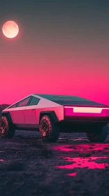Futuristic truck glowing under a dreamy neon moonlit sky.